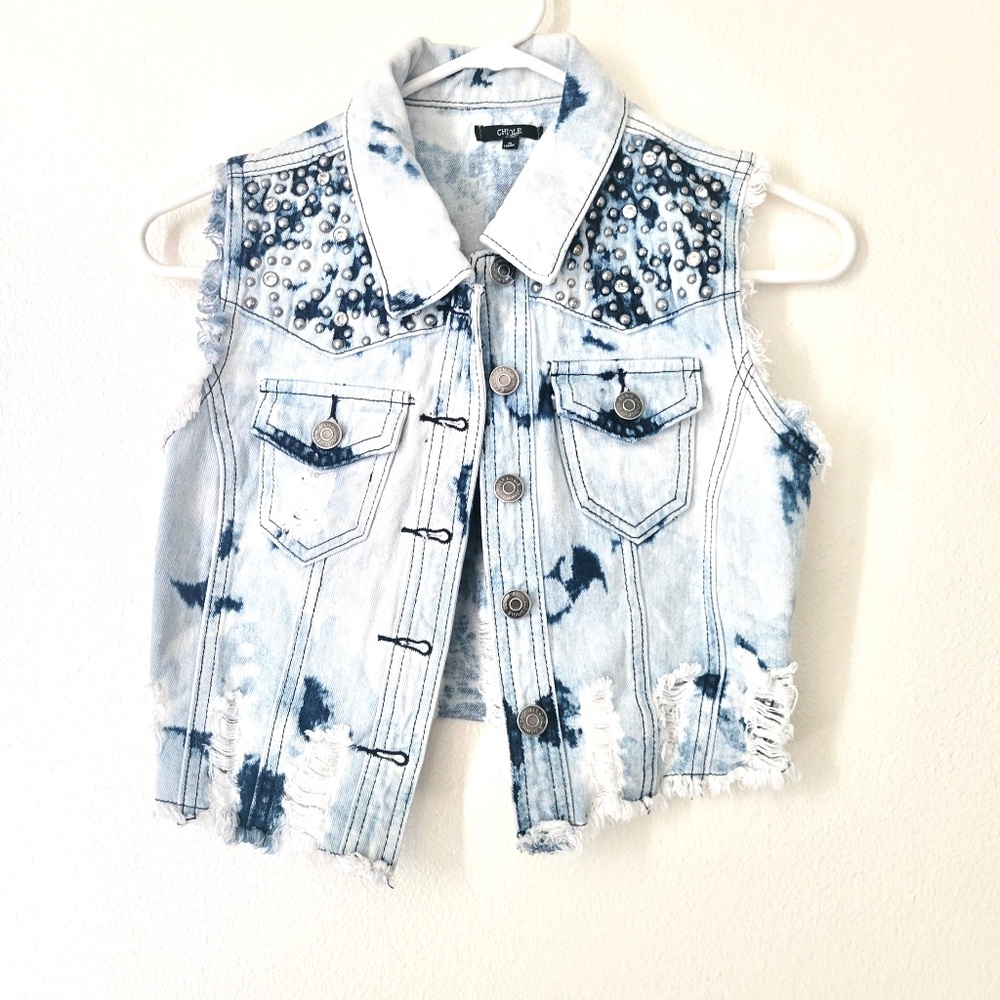 Chiqle Denim Studded Distressed Vest - S